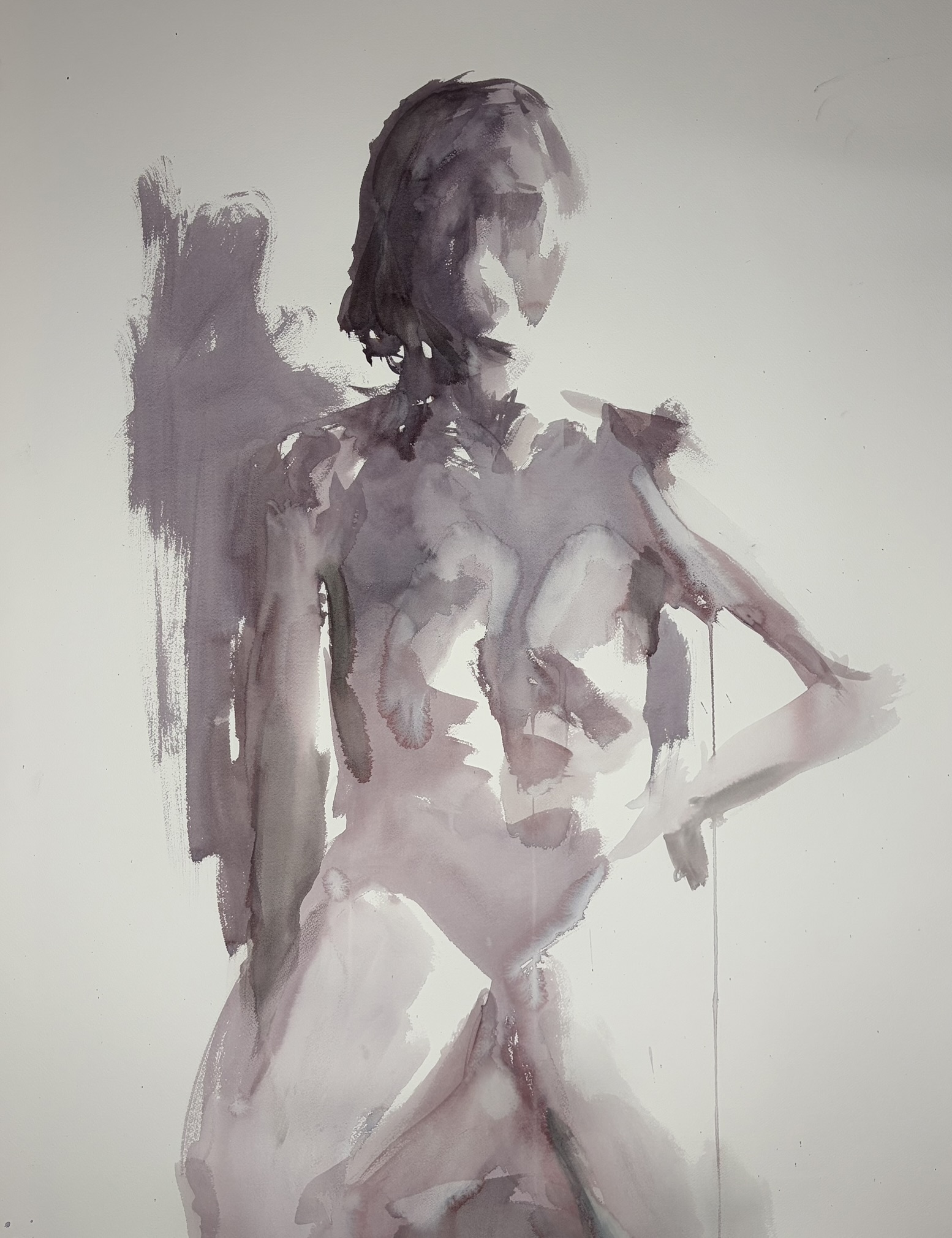 Watercolor figure in muted violet tones by Haddar Macdasi